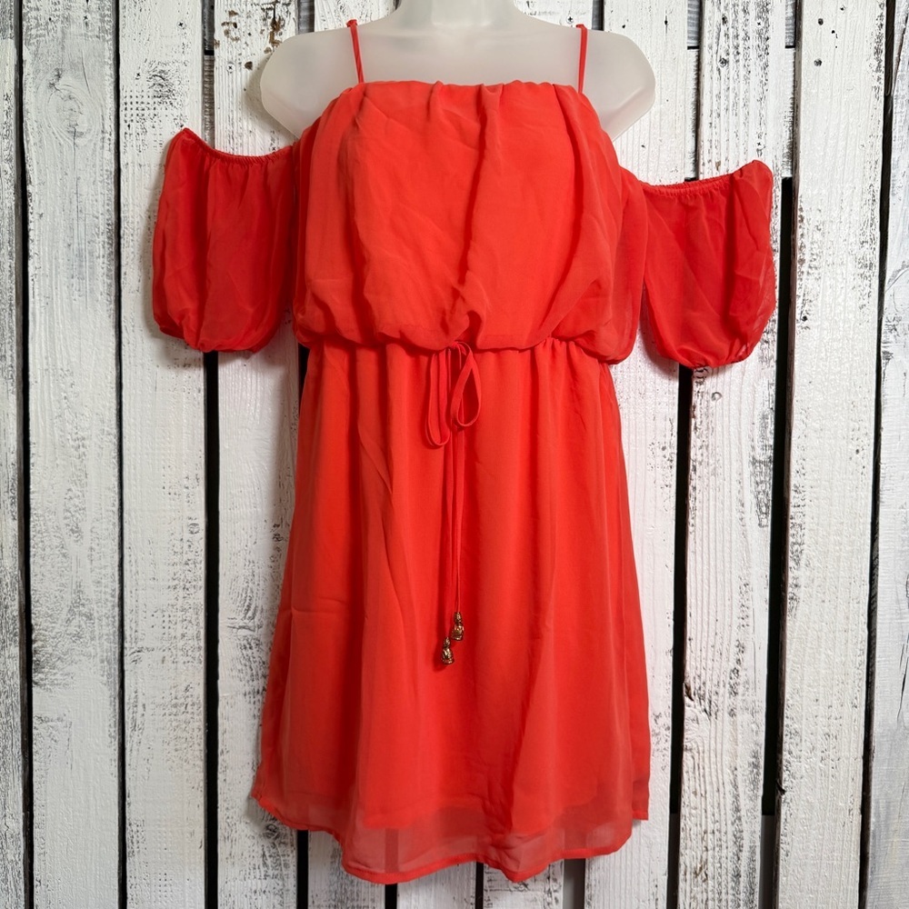 City Of Triangles Off Shoulder Dress Size Medium Short Elastic Waist Orange Boho - Picture 2 of 15